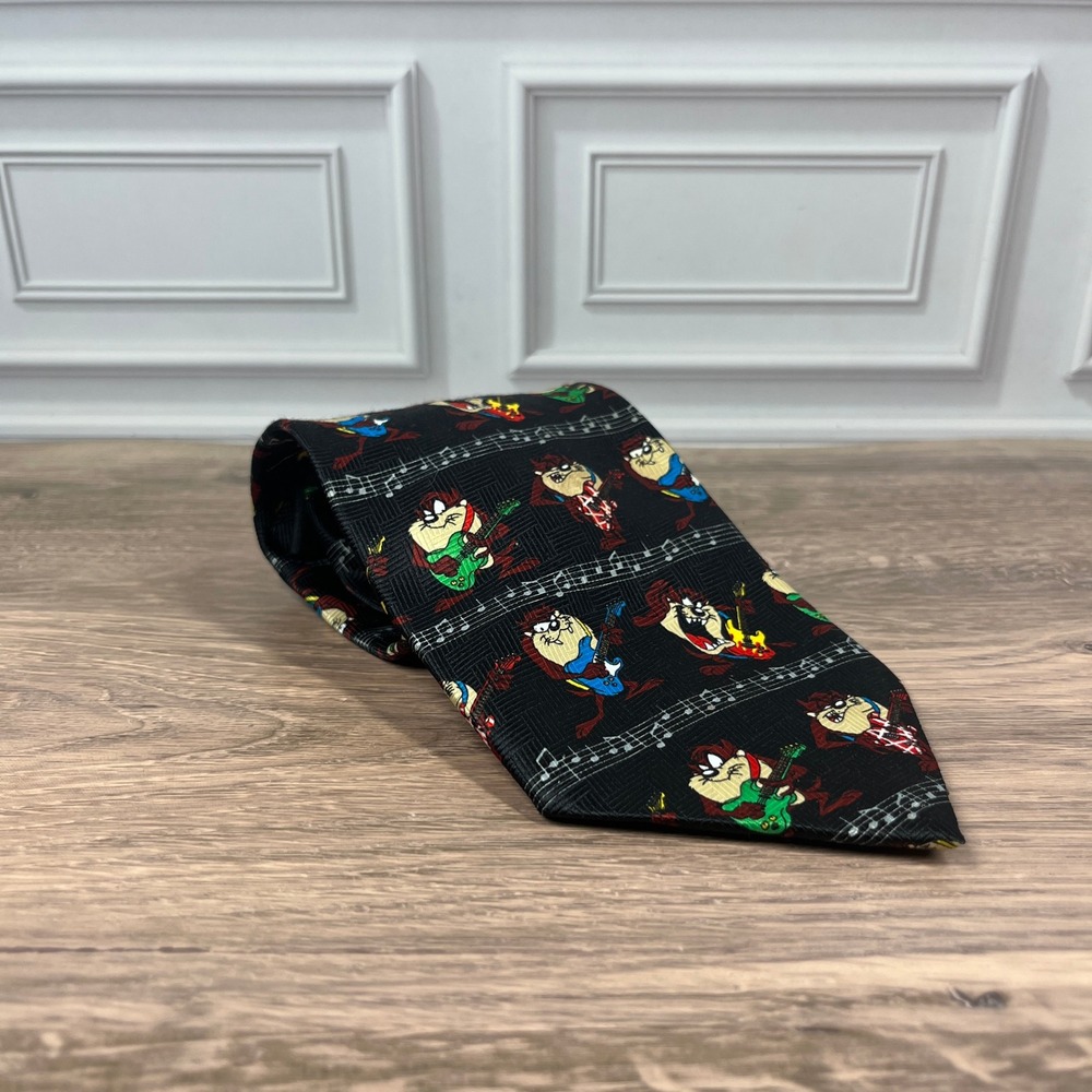 VTG 2001 Looney Tunes Necktie Mens Black Taz Tasmanian Devil Rock Guitar Music